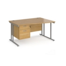 Maestro 25 right hand wave desk 1400mm wide with 2 drawer pedestal - silver cantilever leg frame and oak top