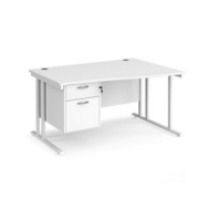 Maestro 25 right hand wave desk 1400mm wide with 2 drawer pedestal - white cantilever leg frame and white top