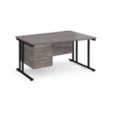 Maestro 25 right hand wave desk 1400mm wide with 3 drawer pedestal - black cantilever leg frame and grey oak top