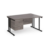 Maestro 25 right hand wave desk 1400mm wide with 3 drawer pedestal - black cantilever leg frame and grey oak top