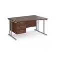 Maestro 25 right hand wave desk 1400mm wide with 3 drawer pedestal - silver cantilever leg frame and walnut top