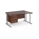 Maestro 25 right hand wave desk 1400mm wide with 3 drawer pedestal - silver cantilever leg frame and walnut top