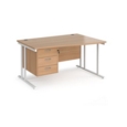 Maestro 25 right hand wave desk 1400mm wide with 3 drawer pedestal - white cantilever leg frame and beech top