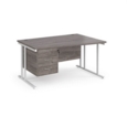 Maestro 25 right hand wave desk 1400mm wide with 3 drawer pedestal - white cantilever leg frame and grey oak top