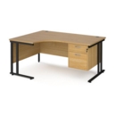 Maestro 25 left hand ergonomic desk 1600mm wide with 2 drawer pedestal - black cantilever leg frame and oak top