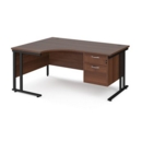 Maestro 25 left hand ergonomic desk 1600mm wide with 2 drawer pedestal - black cantilever leg frame and walnut top