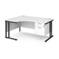 Maestro 25 left hand ergonomic desk 1600mm wide with 2 drawer pedestal - black cantilever leg frame and white top
