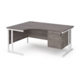 Maestro 25 left hand ergonomic desk 1600mm wide with 2 drawer pedestal - white cantilever leg frame and grey oak top