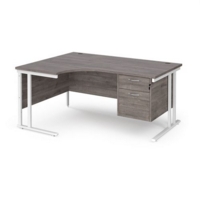 Maestro 25 left hand ergonomic desk 1600mm wide with 2 drawer pedestal - white cantilever leg frame and grey oak top