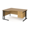 Maestro 25 left hand ergonomic desk 1600mm wide with 3 drawer pedestal - black cantilever leg frame and oak top