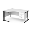 Maestro 25 left hand ergonomic desk 1600mm wide with 3 drawer pedestal - black cantilever leg frame and white top