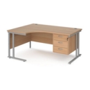 Maestro 25 left hand ergonomic desk 1600mm wide with 3 drawer pedestal - silver cantilever leg frame and beech top