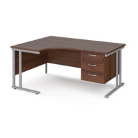 Maestro 25 left hand ergonomic desk 1600mm wide with 3 drawer pedestal - silver cantilever leg frame and walnut top