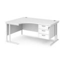 Maestro 25 left hand ergonomic desk 1600mm wide with 3 drawer pedestal - white cantilever leg frame and white top