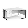 Maestro 25 right hand ergonomic desk 1600mm wide with 2 drawer pedestal - black cantilever leg frame and white top