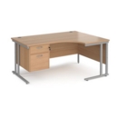 Maestro 25 right hand ergonomic desk 1600mm wide with 2 drawer pedestal - silver cantilever leg frame and beech top