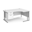 Maestro 25 right hand ergonomic desk 1600mm wide with 2 drawer pedestal - silver cantilever leg frame and white top