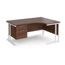 Maestro 25 right hand ergonomic desk 1600mm wide with 2 drawer pedestal - white cantilever leg frame and walnut top