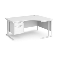 Maestro 25 right hand ergonomic desk 1600mm wide with 2 drawer pedestal - white cantilever leg frame and white top