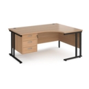 Maestro 25 right hand ergonomic desk 1600mm wide with 3 drawer pedestal - black cantilever leg frame and beech top