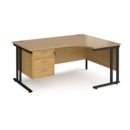 Maestro 25 right hand ergonomic desk 1600mm wide with 3 drawer pedestal - black cantilever leg frame and oak top