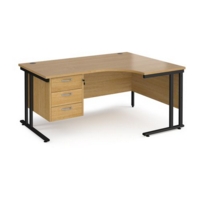 Maestro 25 right hand ergonomic desk 1600mm wide with 3 drawer pedestal - black cantilever leg frame and oak top