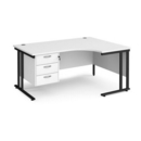 Maestro 25 right hand ergonomic desk 1600mm wide with 3 drawer pedestal - black cantilever leg frame and white top