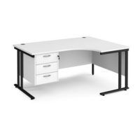 Maestro 25 right hand ergonomic desk 1600mm wide with 3 drawer pedestal - black cantilever leg frame and white top