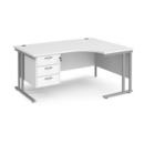 Maestro 25 right hand ergonomic desk 1600mm wide with 3 drawer pedestal - silver cantilever leg frame and white top