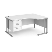 Maestro 25 right hand ergonomic desk 1600mm wide with 3 drawer pedestal - silver cantilever leg frame and white top