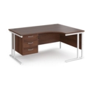 Maestro 25 right hand ergonomic desk 1600mm wide with 3 drawer pedestal - white cantilever leg frame and walnut top