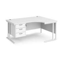 Maestro 25 right hand ergonomic desk 1600mm wide with 3 drawer pedestal - white cantilever leg frame and white top
