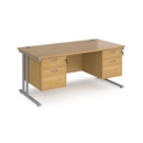 Maestro 25 straight desk 1600mm x 800mm with two x 2 drawer pedestals - silver cantilever leg frame and oak top