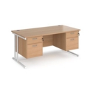 Maestro 25 straight desk 1600mm x 800mm with two x 2 drawer pedestals - white cantilever leg frame and beech top