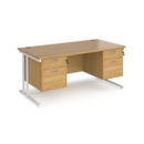 Maestro 25 straight desk 1600mm x 800mm with two x 2 drawer pedestals - white cantilever leg frame and oak top