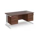 Maestro 25 straight desk 1600mm x 800mm with two x 2 drawer pedestals - white cantilever leg frame and walnut top