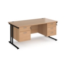 Maestro 25 straight desk 1600mm x 800mm with 2 and 3 drawer pedestals - black cantilever leg frame and beech top