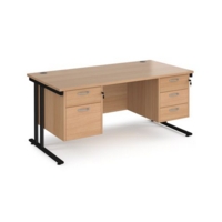 Maestro 25 straight desk 1600mm x 800mm with 2 and 3 drawer pedestals - black cantilever leg frame and beech top
