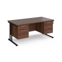 Maestro 25 straight desk 1600mm x 800mm with 2 and 3 drawer pedestals - black cantilever leg frame and walnut top