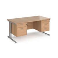 Maestro 25 straight desk 1600mm x 800mm with 2 and 3 drawer pedestals - silver cantilever leg frame and beech top