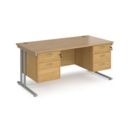Maestro 25 straight desk 1600mm x 800mm with 2 and 3 drawer pedestals - silver cantilever leg frame and oak top