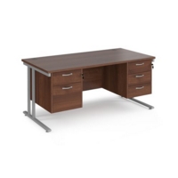 Maestro 25 straight desk 1600mm x 800mm with 2 and 3 drawer pedestals - silver cantilever leg frame and walnut top