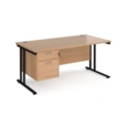 Maestro 25 straight desk 1600mm x 800mm with 2 drawer pedestal - black cantilever leg frame and beech top