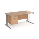 Maestro 25 straight desk 1600mm x 800mm with 2 drawer pedestal - silver cantilever leg frame and beech top