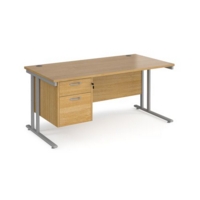 Maestro 25 straight desk 1600mm x 800mm with 2 drawer pedestal - silver cantilever leg frame and oak top