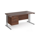 Maestro 25 straight desk 1600mm x 800mm with 2 drawer pedestal - silver cantilever leg frame and walnut top