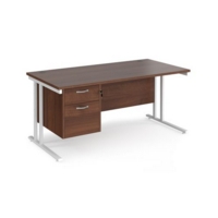 Maestro 25 straight desk 1600mm x 800mm with 2 drawer pedestal - white cantilever leg frame and walnut top