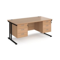 Maestro 25 straight desk 1600mm x 800mm with two x 3 drawer pedestals - black cantilever leg frame and beech top
