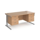 Maestro 25 straight desk 1600mm x 800mm with two x 3 drawer pedestals - silver cantilever leg frame and beech top