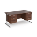 Maestro 25 straight desk 1600mm x 800mm with two x 3 drawer pedestals - silver cantilever leg frame and walnut top